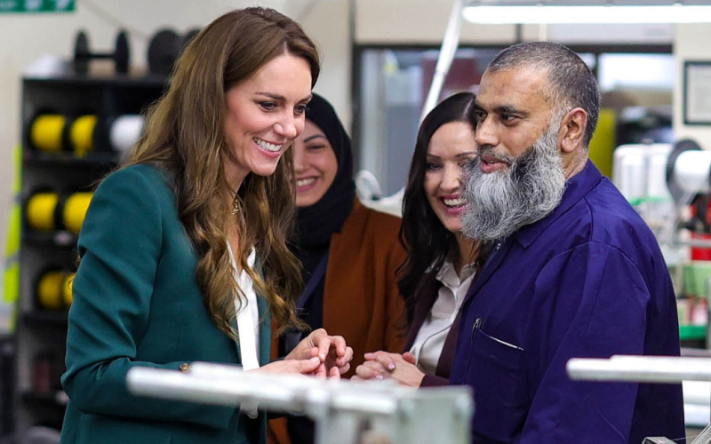 Kate Middleton Visits a Textile Factory Linked to Her Great-Grandparents while Dressed in a Green Suit